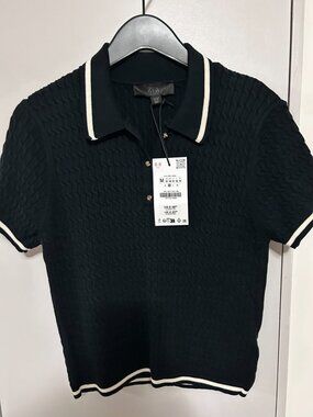 Zara Black Cable Knit Polo Shirt White Trim Gold Buttons Women's M NWT
